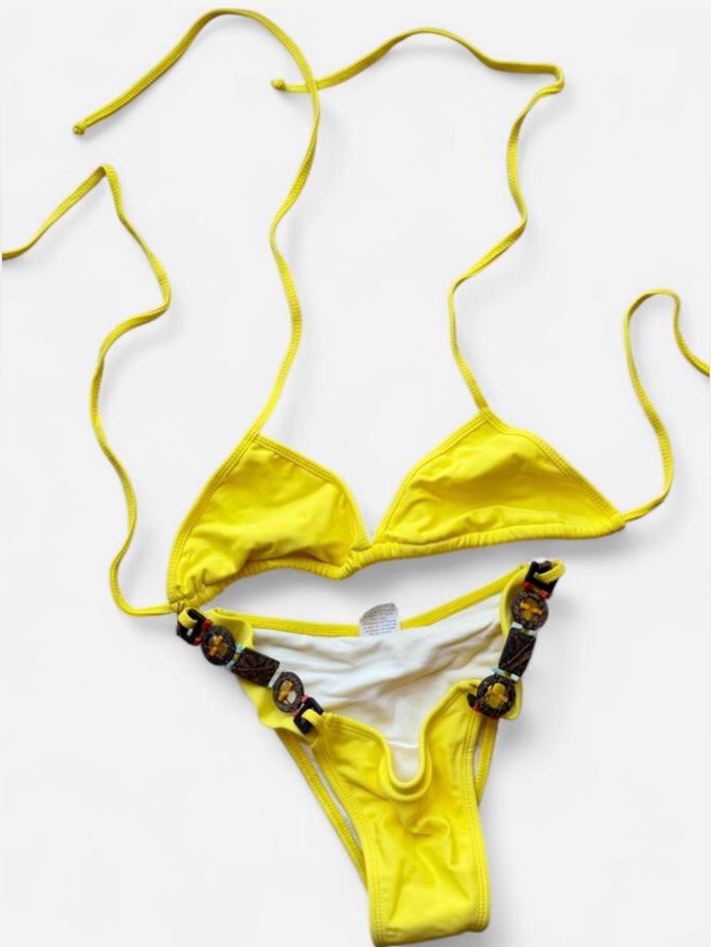 Bright Yellow Triangle Bikini Set with Bead Accents - Women's Swim NWOT